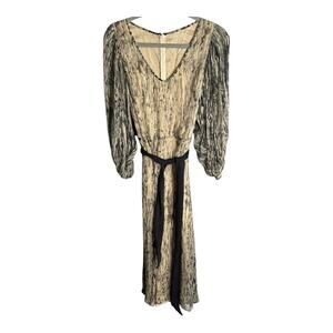 Megan Park Blue Cream Printed Belted Silk Dress V Neckline Small